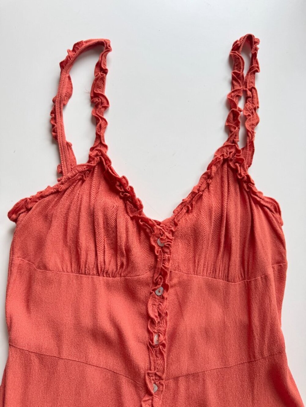 Aritzia WILFRED Heartthrob Sinopia Orange Crepe Ruffle Trim Midi Dress, Size 2 - Picture 6 of 15